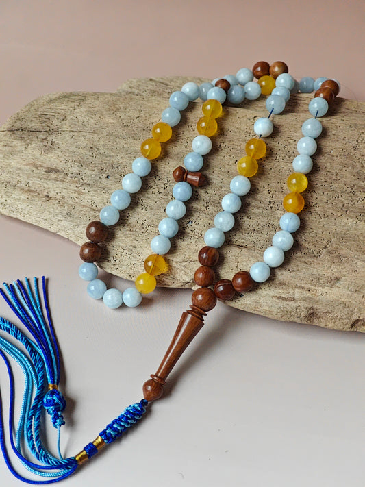 Aquamarine, Kokka Wood and Honey Amber Misbah 66 Beads