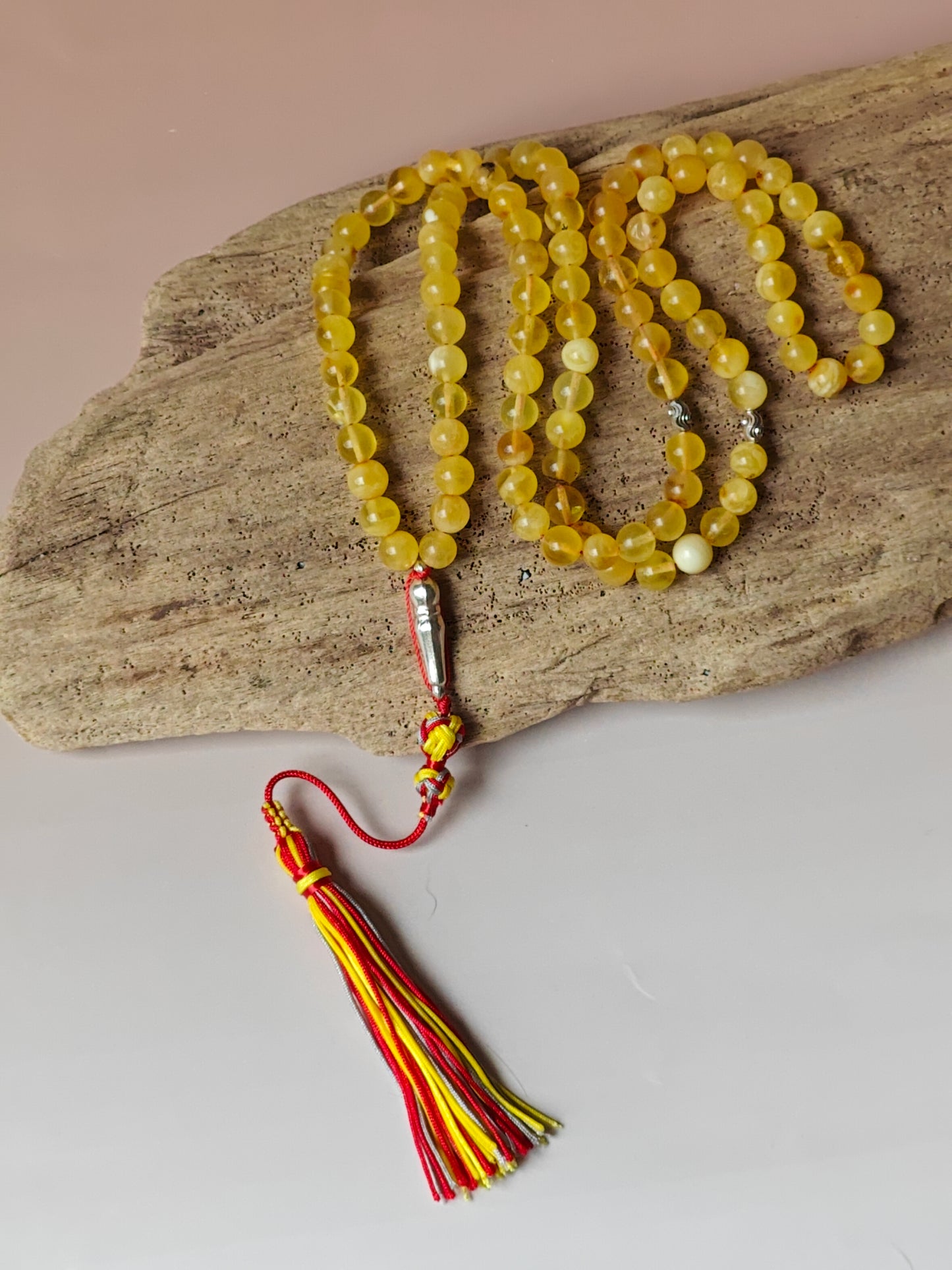 Pocket Size Cloudy Amber Micro Rosary with Silver Imami 99 Beads