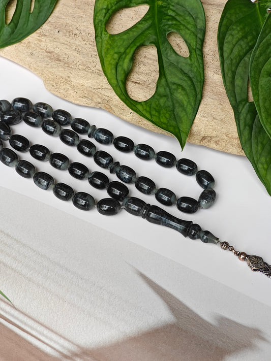 French Galalith in Storm Pattern Tasbih 37 Beads Barrel Shape