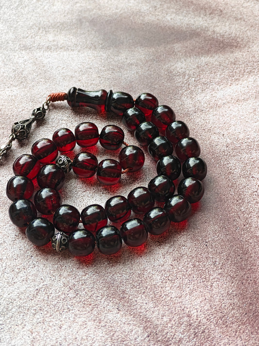 Antique "Cherry Amber" Bakelite Rosary with Silver Tassel 33 Beads