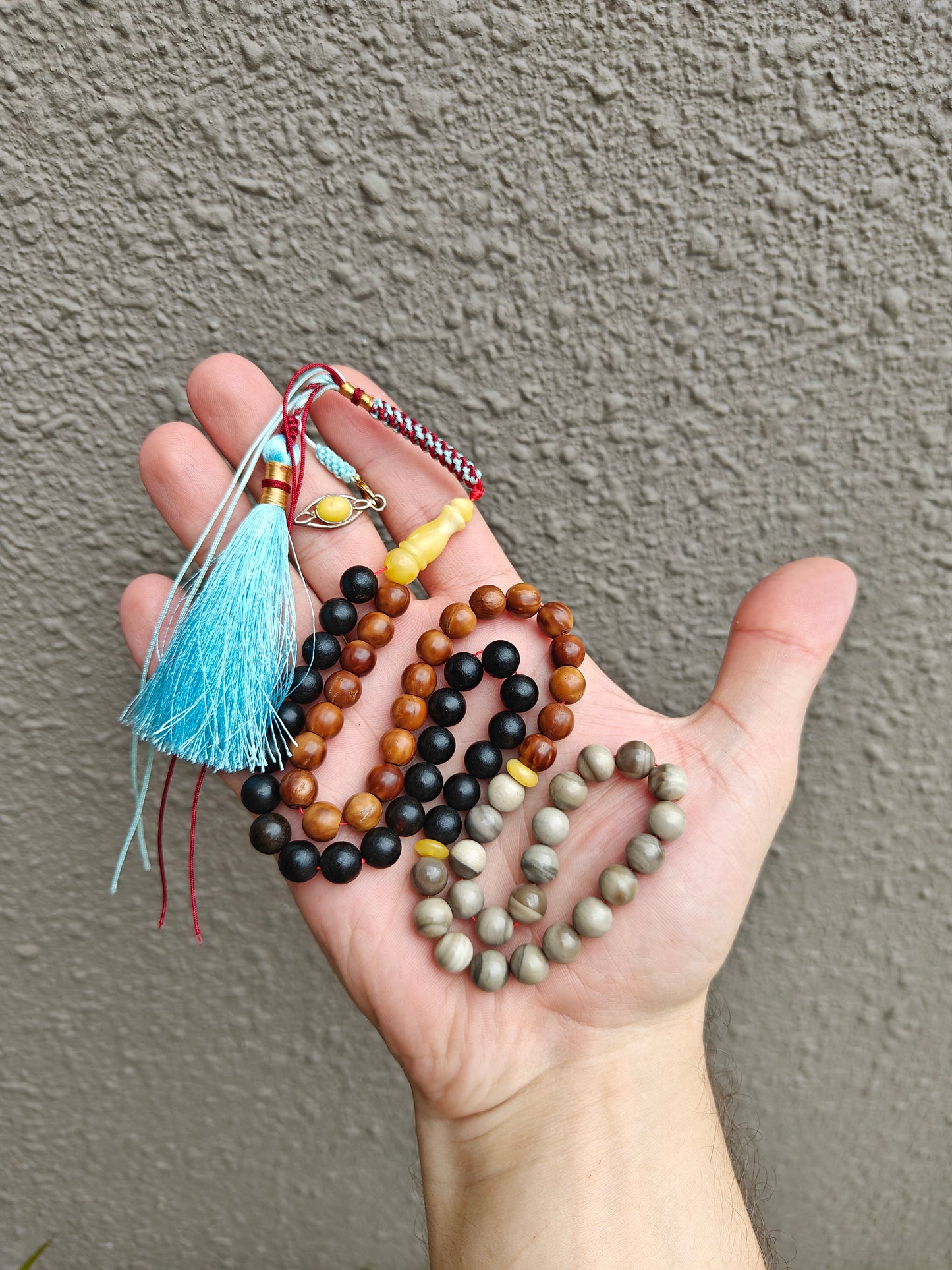 Natural Baltic Amber, Polish Striped Flint and Egyptian Kokka Wood Rosary 66 Beads