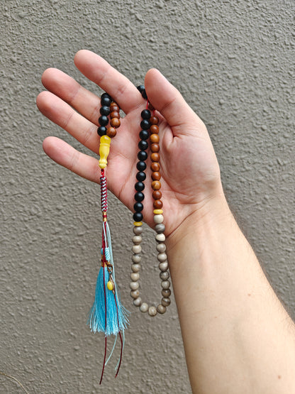 Natural Baltic Amber, Polish Striped Flint and Egyptian Kokka Wood Rosary 66 Beads