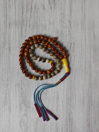 Natural Polish Striped Flint, Baltic Amber and Egyptian Kokka Wood Misbah 66 Beads