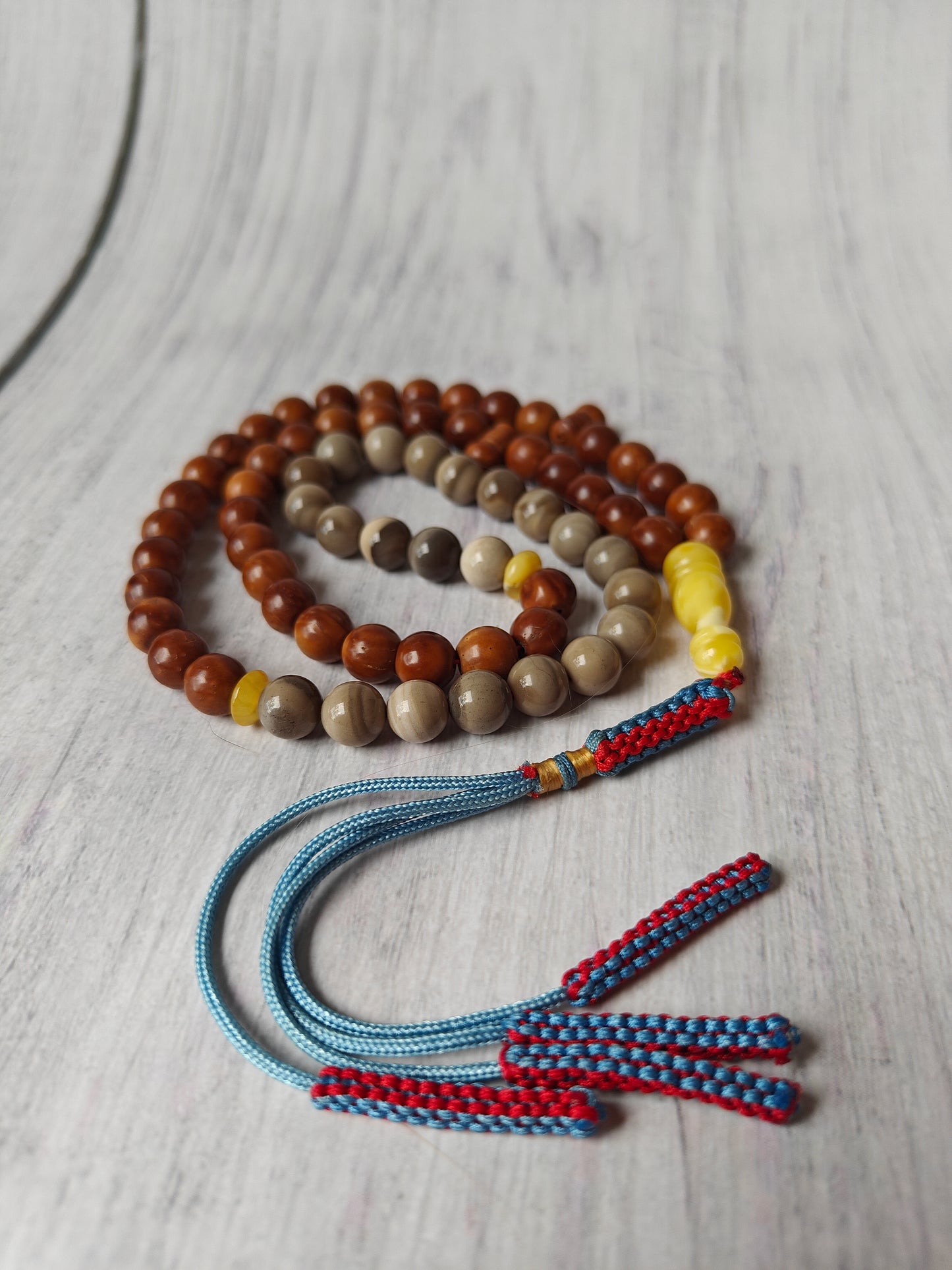 Natural Polish Striped Flint, Baltic Amber and Egyptian Kokka Wood Misbah 66 Beads