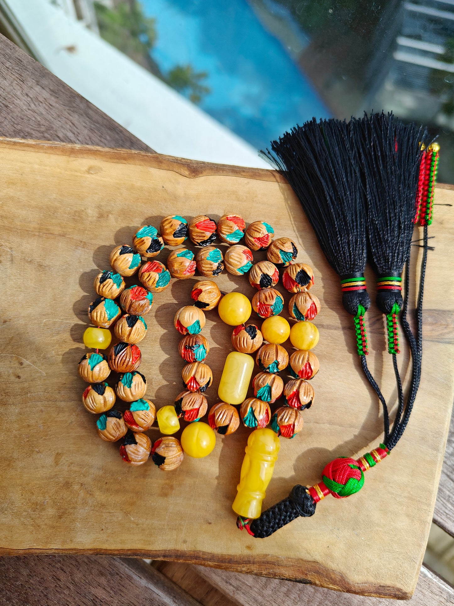 Unique Hand Carved and Hand Painted Peach Wood and Aged Butterscotch Amber Tasbih 45 Beads