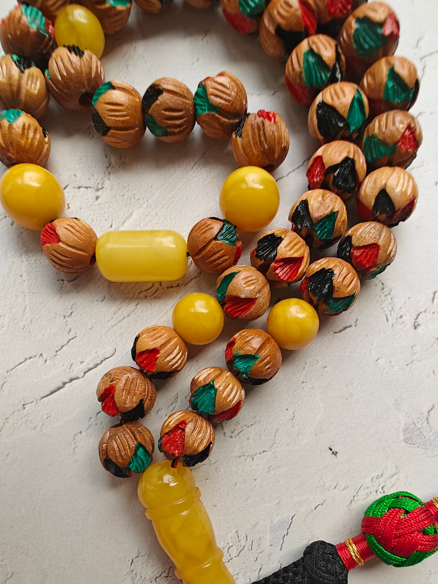 Unique Hand Carved and Hand Painted Peach Wood and Aged Butterscotch Amber Tasbih 45 Beads