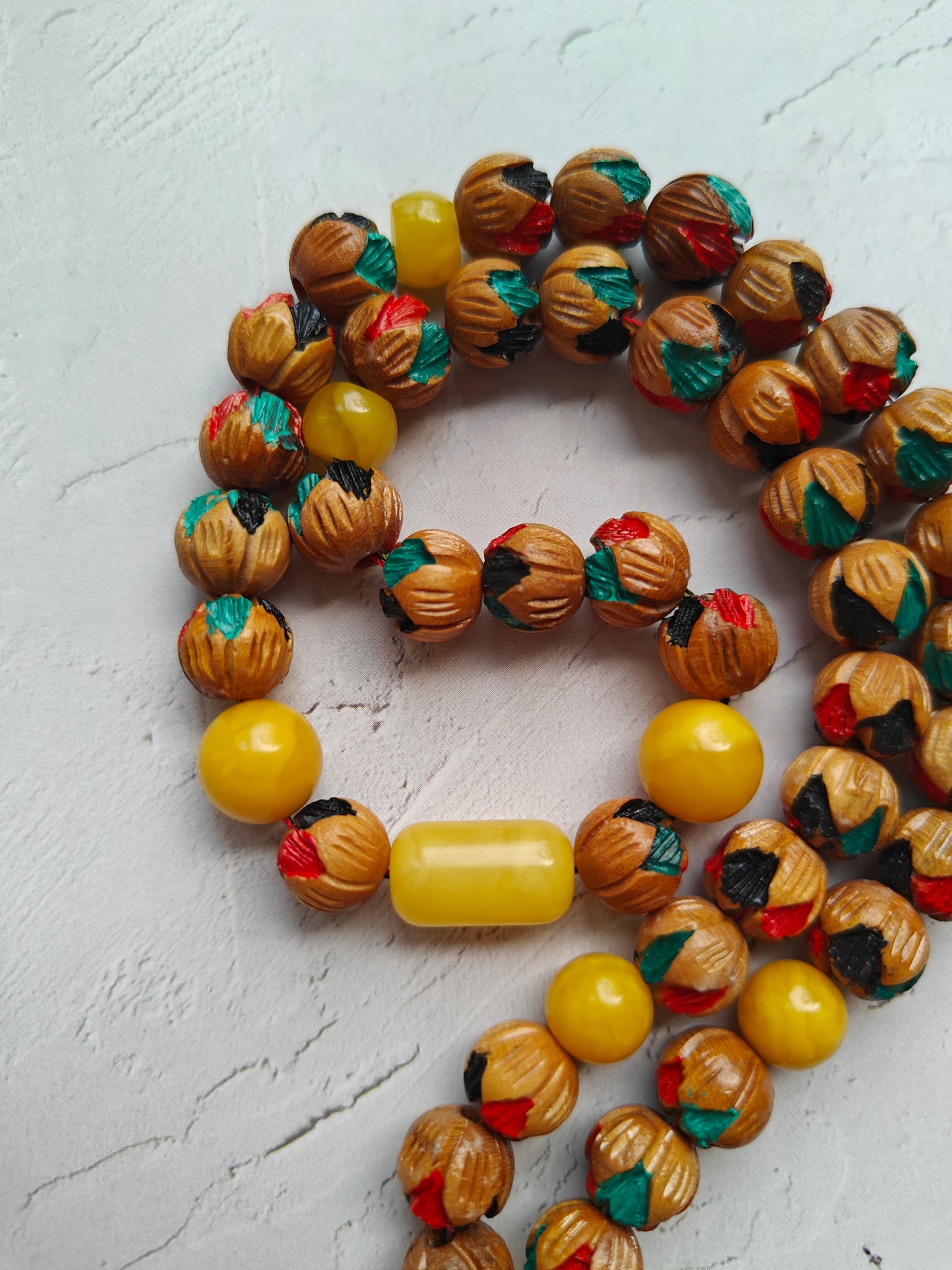 Unique Hand Carved and Hand Painted Peach Wood and Aged Butterscotch Amber Tasbih 45 Beads