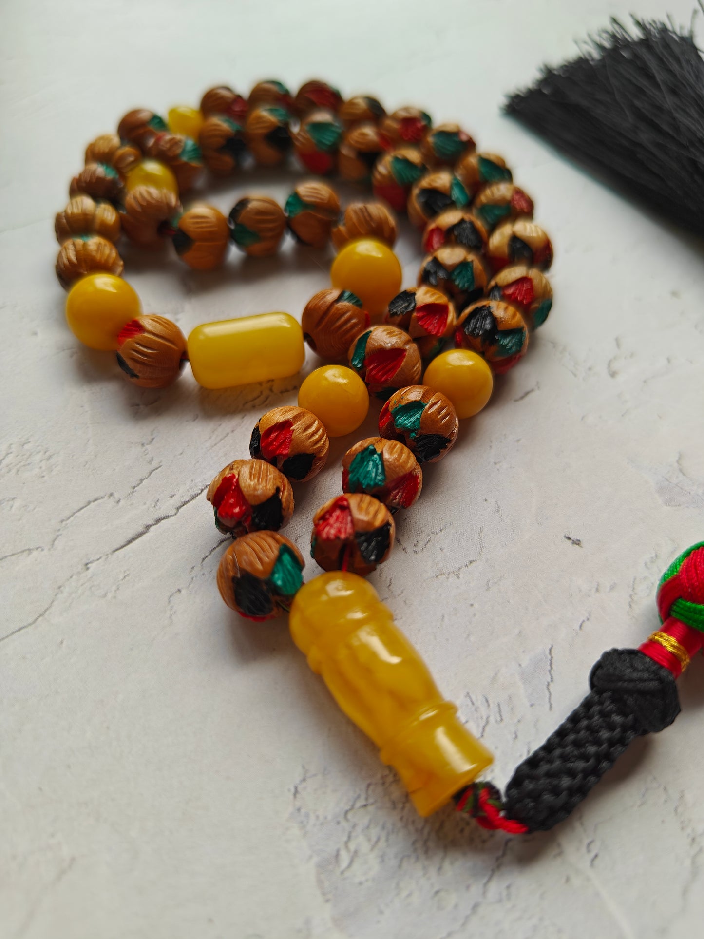Unique Hand Carved and Hand Painted Peach Wood and Aged Butterscotch Amber Tasbih 45 Beads