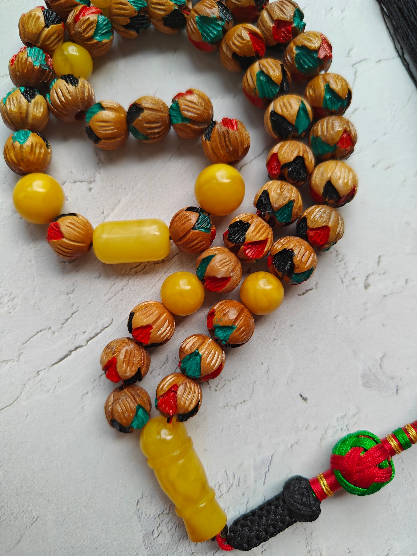Unique Hand Carved and Hand Painted Peach Wood and Aged Butterscotch Amber Tasbih 45 Beads