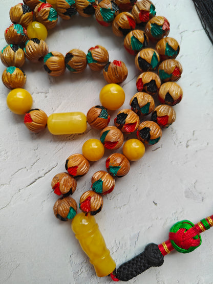 Unique Hand Carved and Hand Painted Peach Wood and Aged Butterscotch Amber Tasbih 45 Beads