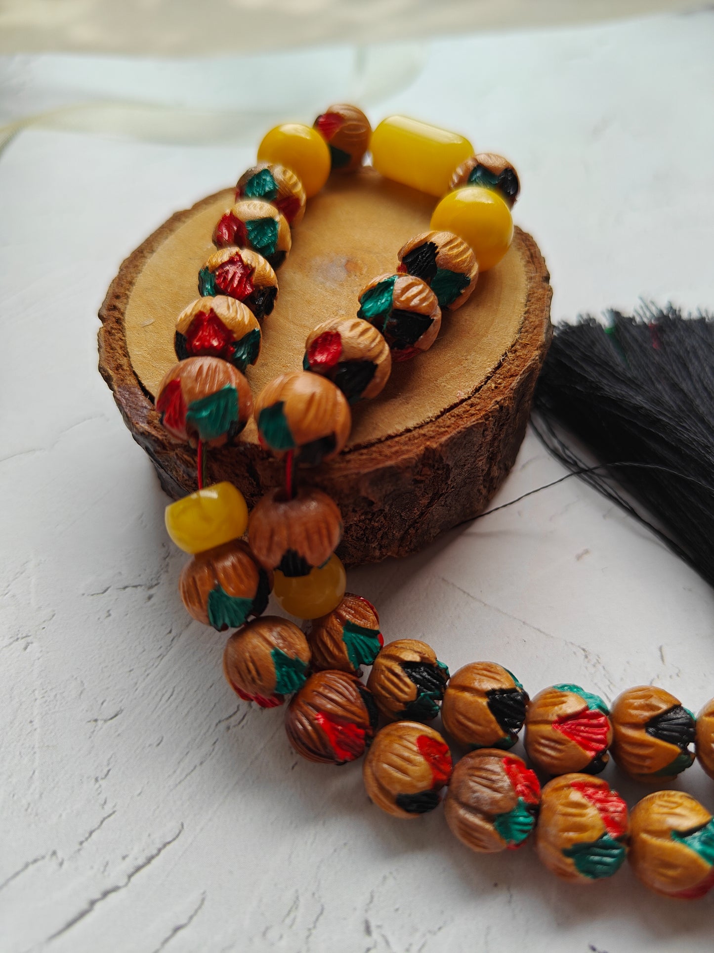 Unique Hand Carved and Hand Painted Peach Wood and Aged Butterscotch Amber Tasbih 45 Beads