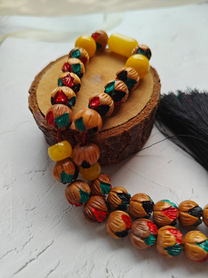 Unique Hand Carved and Hand Painted Peach Wood and Aged Butterscotch Amber Tasbih 45 Beads