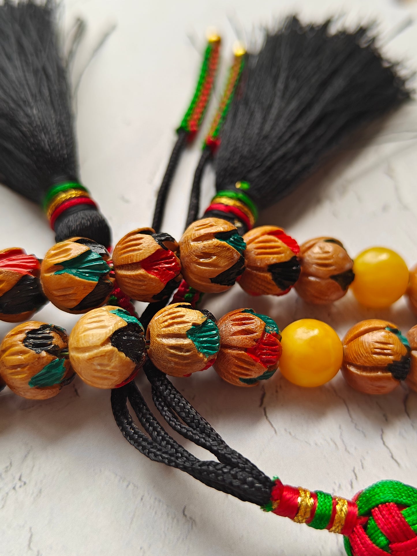 Unique Hand Carved and Hand Painted Peach Wood and Aged Butterscotch Amber Tasbih 45 Beads