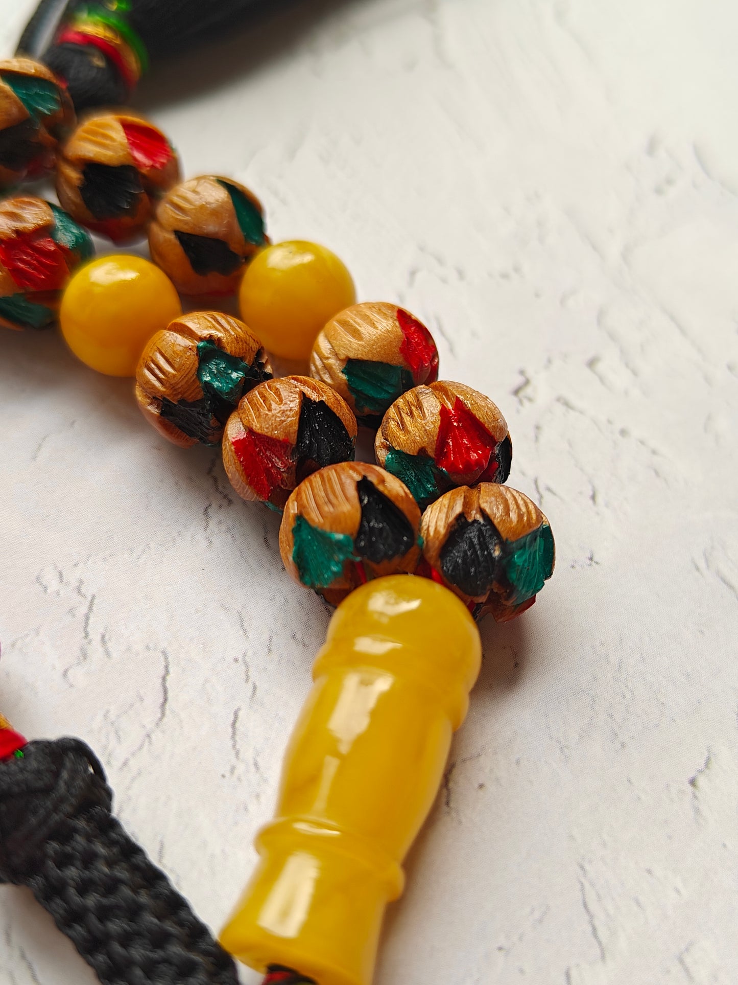 Unique Hand Carved and Hand Painted Peach Wood and Aged Butterscotch Amber Tasbih 45 Beads