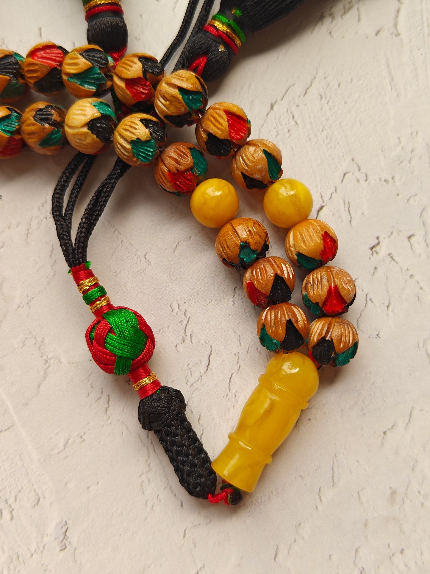 Unique Hand Carved and Hand Painted Peach Wood and Aged Butterscotch Amber Tasbih 45 Beads