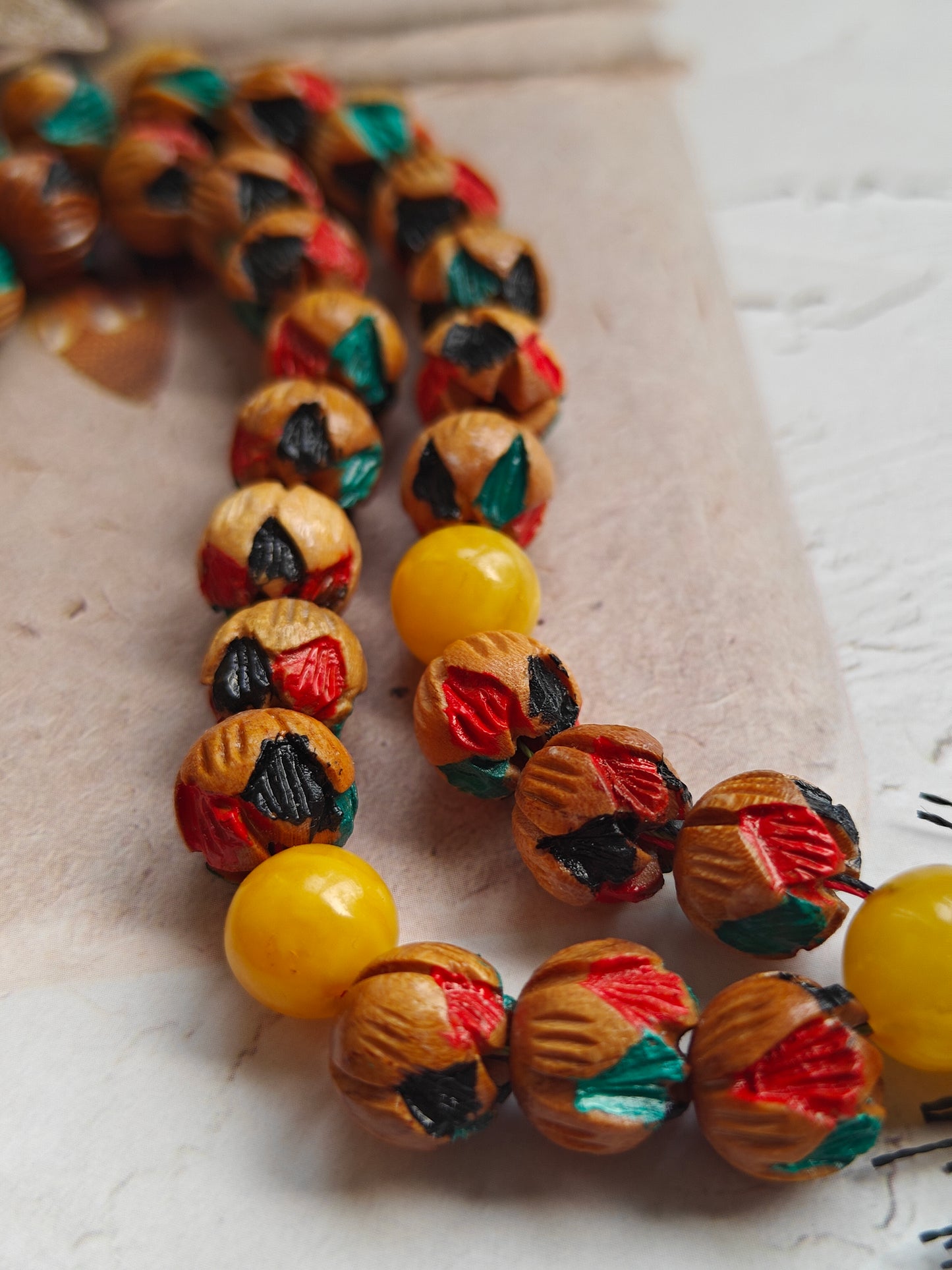 Unique Hand Carved and Hand Painted Peach Wood and Aged Butterscotch Amber Tasbih 45 Beads