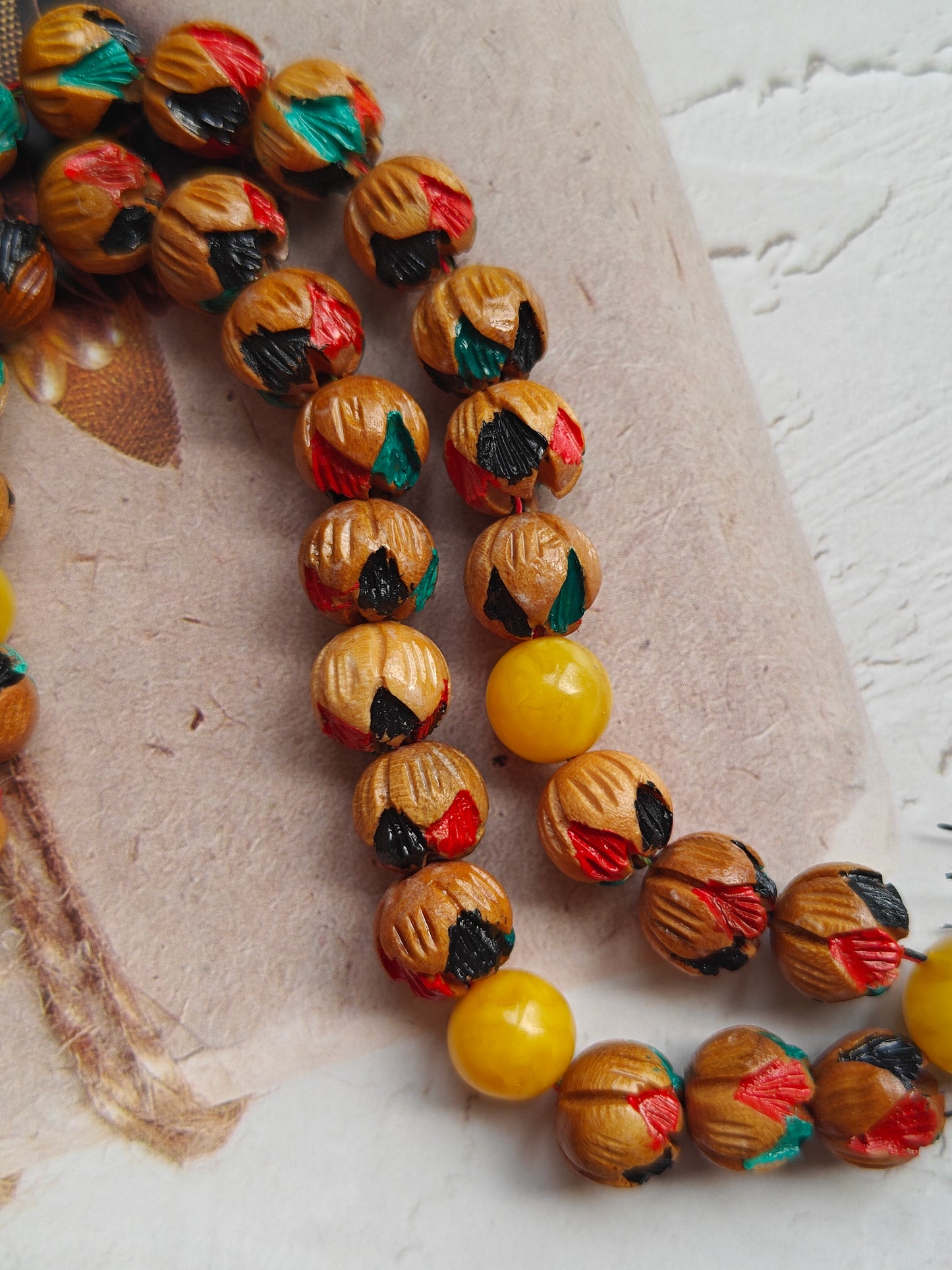 Unique Hand Carved and Hand Painted Peach Wood and Aged Butterscotch Amber Tasbih 45 Beads