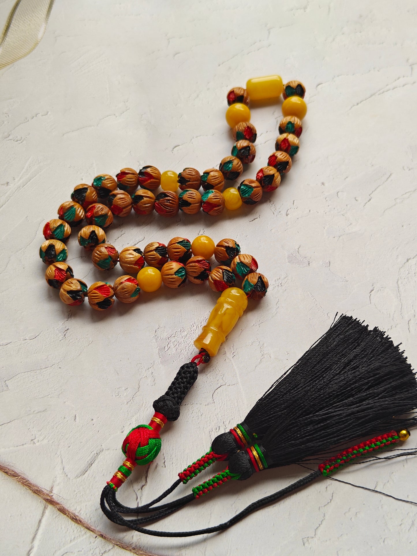Unique Hand Carved and Hand Painted Peach Wood and Aged Butterscotch Amber Tasbih 45 Beads