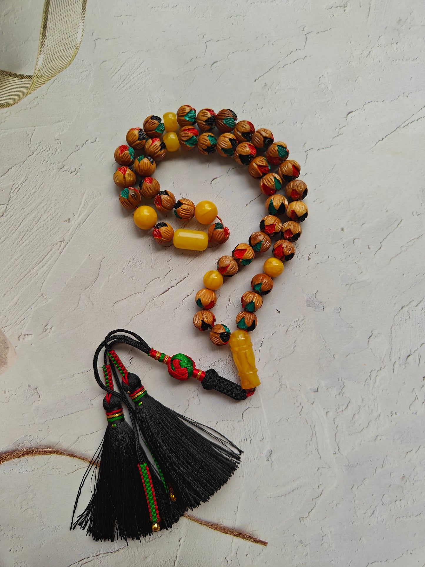Unique Hand Carved and Hand Painted Peach Wood and Aged Butterscotch Amber Tasbih 45 Beads