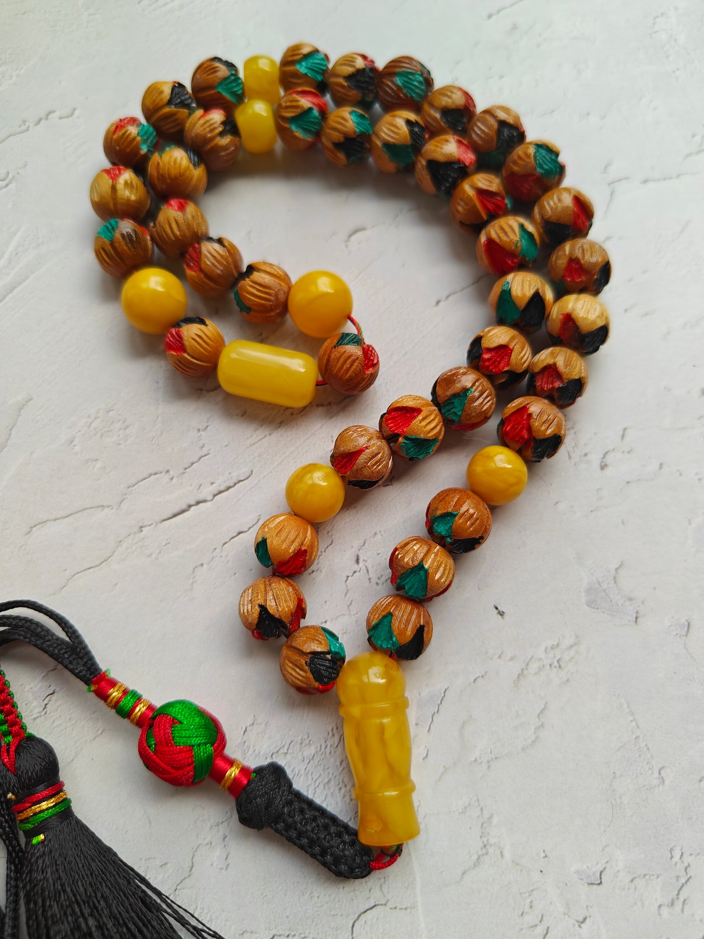 Unique Hand Carved and Hand Painted Peach Wood and Aged Butterscotch Amber Tasbih 45 Beads