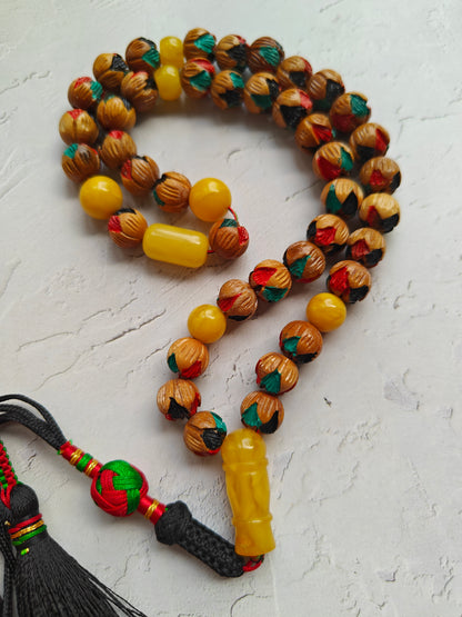 Unique Hand Carved and Hand Painted Peach Wood and Aged Butterscotch Amber Tasbih 45 Beads