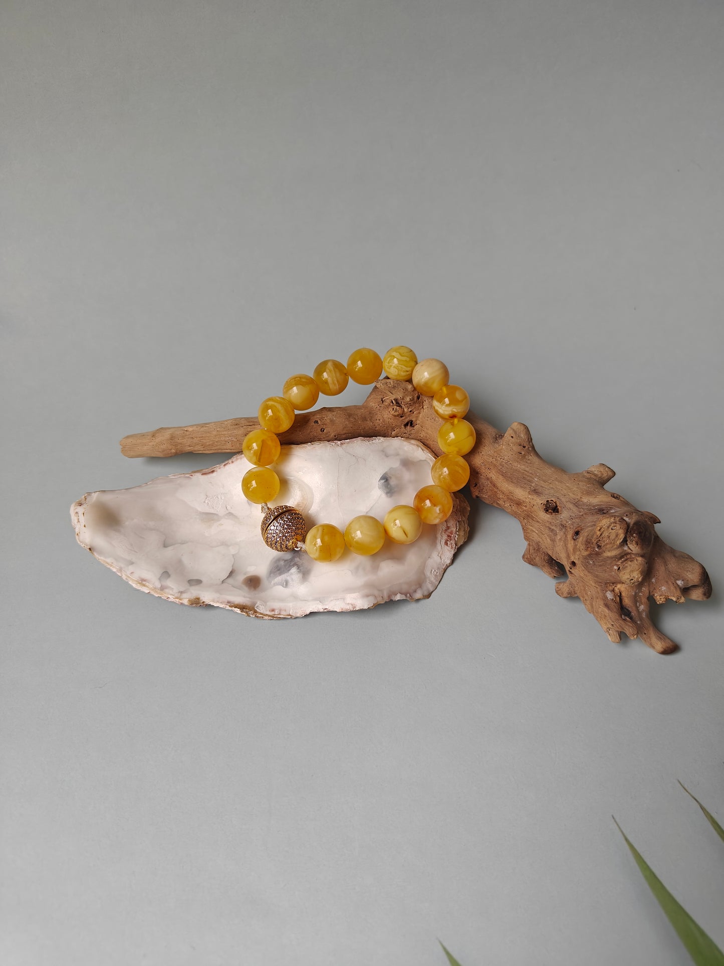 Royal White / Butterscotch Natural Amber Beaded Bracelet with Metal Magnetic Closure