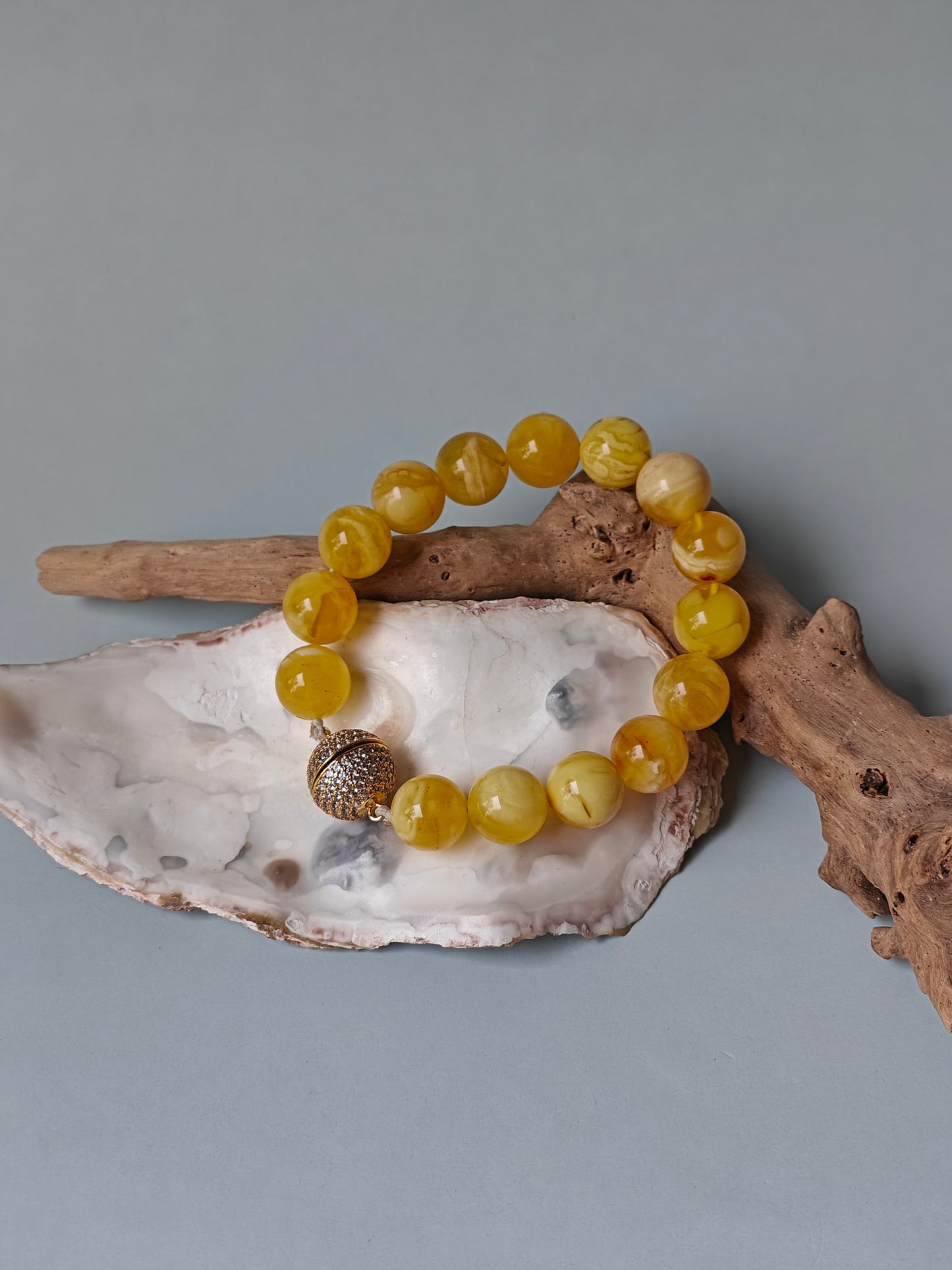 Royal White / Butterscotch Natural Amber Beaded Bracelet with Metal Magnetic Closure