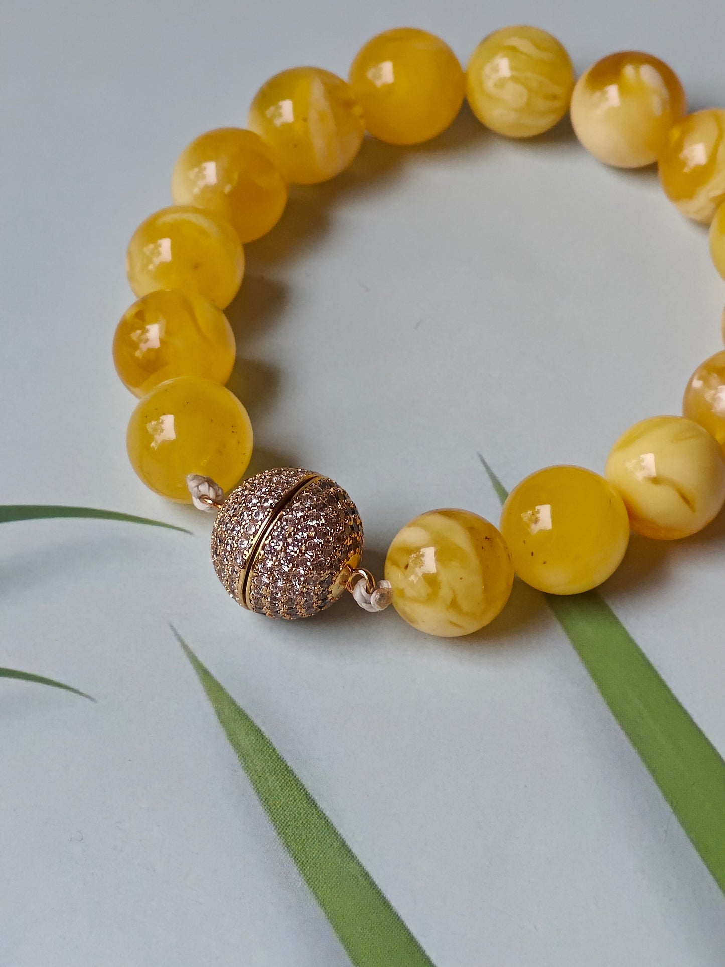 Royal White / Butterscotch Natural Amber Beaded Bracelet with Metal Magnetic Closure