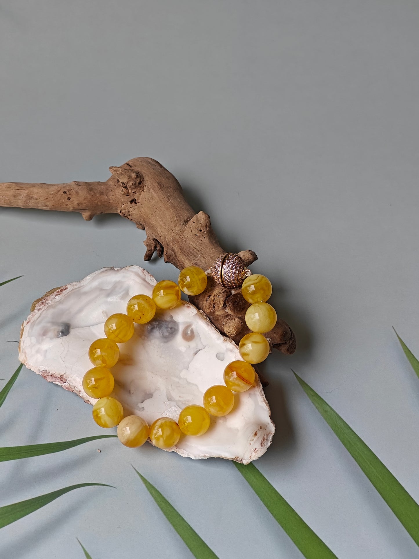 Royal White / Butterscotch Natural Amber Beaded Bracelet with Metal Magnetic Closure