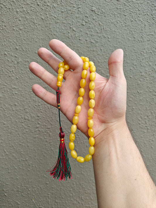 Small Natural Pocket Size Amber Tasbih 33 Beads Olive Shape