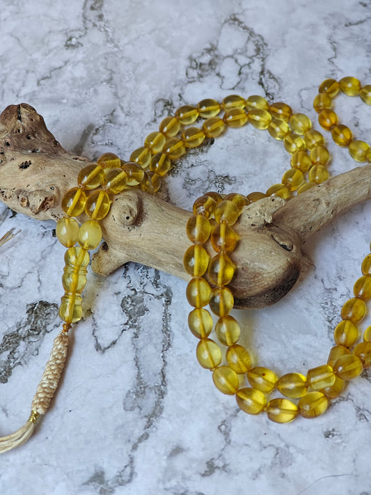 Natural Green Dominican Republic Amber Tasbih 99 Transparent Olive Shape Beads