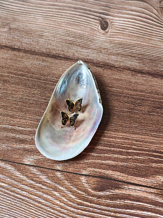 Butterfly Shaped Citron Stud Amber Earrings in Gold Plated Silver Frame
