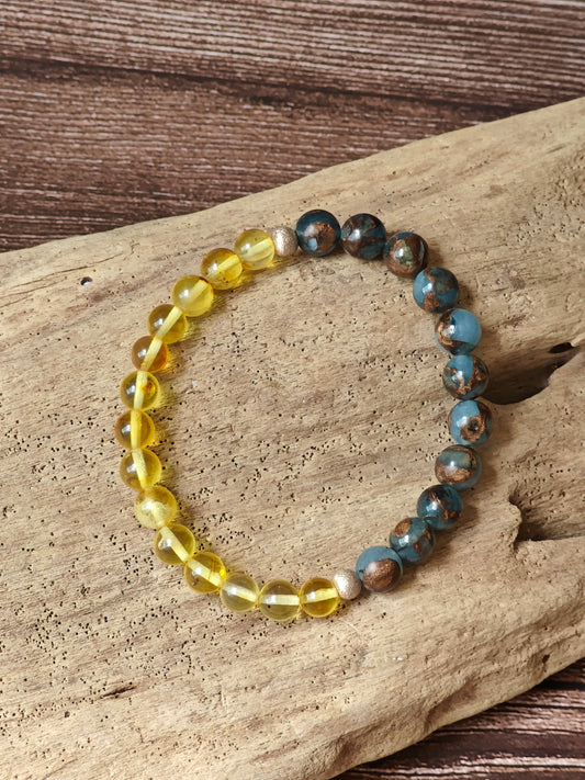 Natural Golden Stripe Lake Blue Cloisonne and Citron Amber Beaded Bracelet with Silver