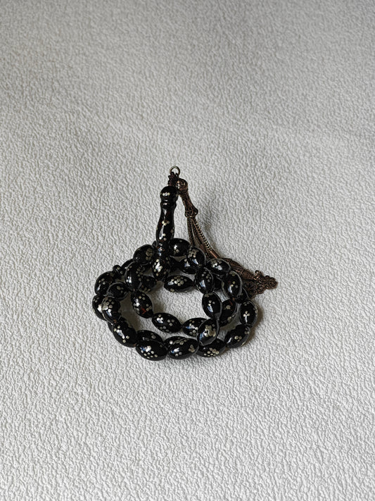Antique Black Coral Rosary with Silver Engravings and Tassel 33 Beads