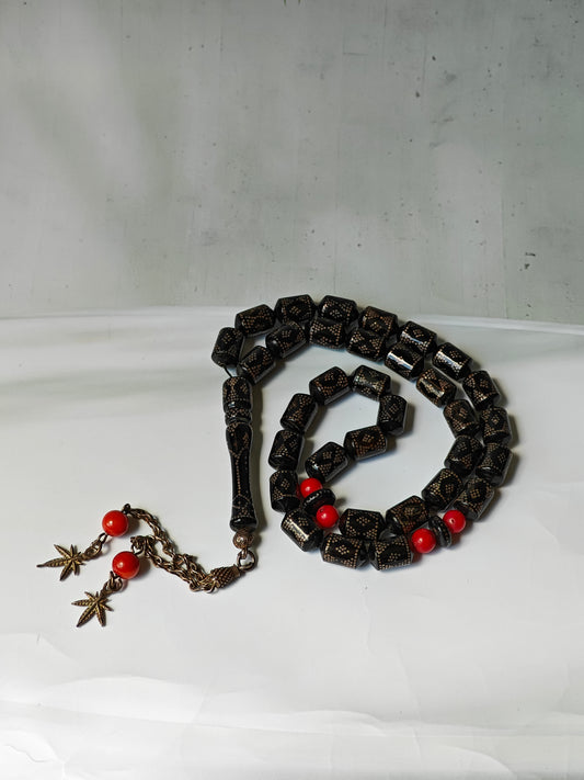 Antique Black Red Sea Coral Barrel Shape Tasbih with Silver Tassel and Engravings 33 Beads