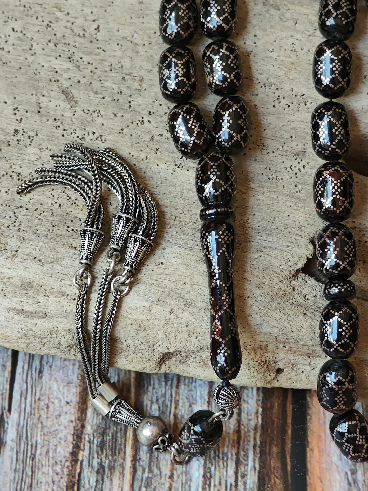 Black Coral Tasbih with Silver Engravings 33 Barrel Shape Beads