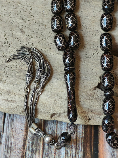Black Coral Tasbih with Silver Engravings 33 Barrel Shape Beads