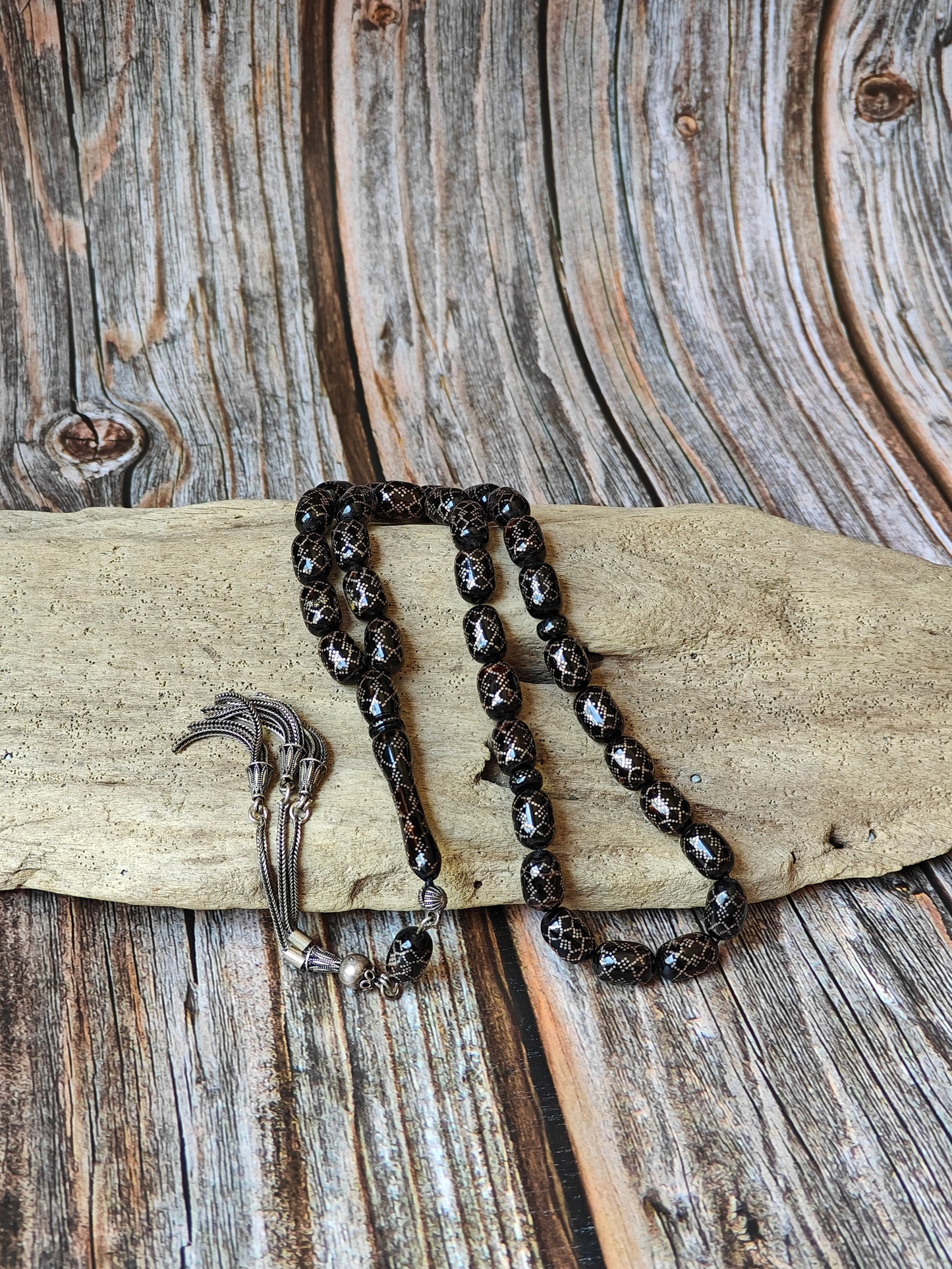 Black Coral Tasbih with Silver Engravings 33 Barrel Shape Beads