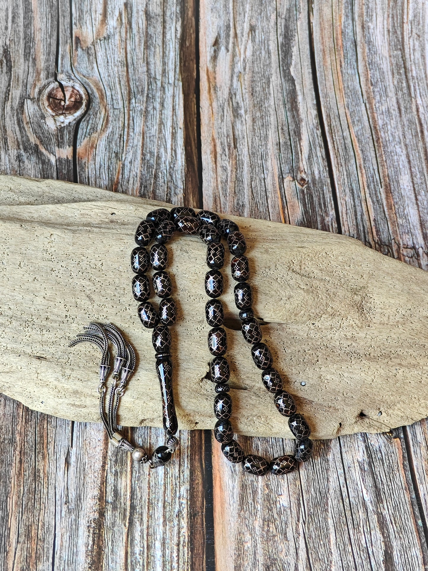 Black Coral Tasbih with Silver Engravings 33 Barrel Shape Beads