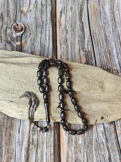 Black Coral Tasbih with Silver Engravings 33 Barrel Shape Beads