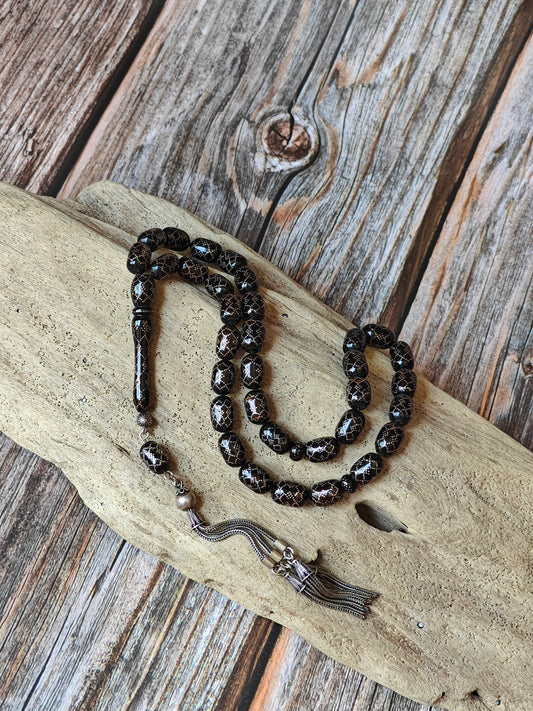 Black Coral Tasbih with Silver Engravings 33 Barrel Shape Beads