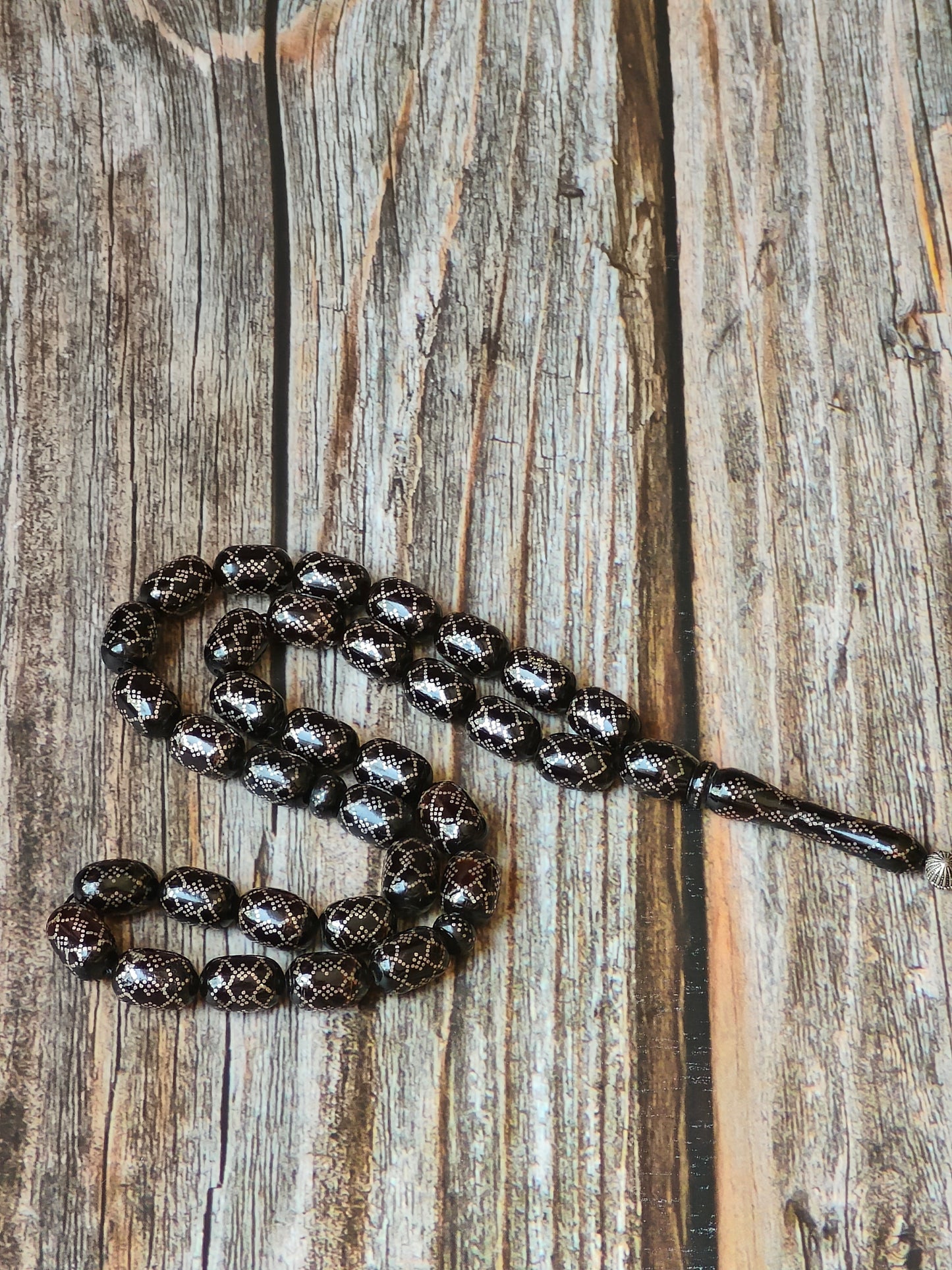 Black Coral Tasbih with Silver Engravings 33 Barrel Shape Beads