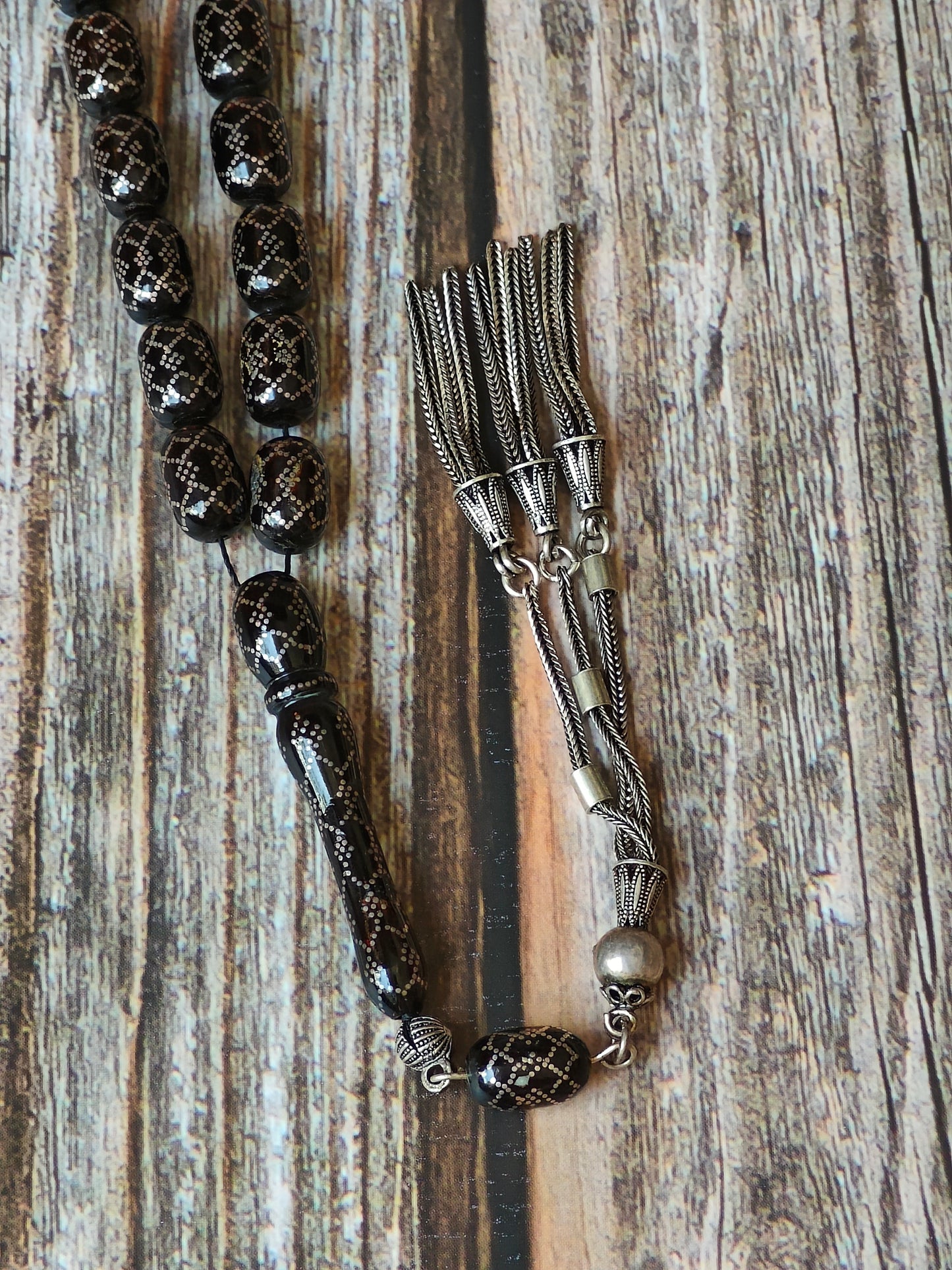 Black Coral Tasbih with Silver Engravings 33 Barrel Shape Beads