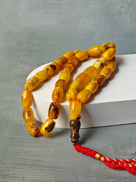 Natural Aged Marble Raw Amber Tasbih 33 Barrel Beads