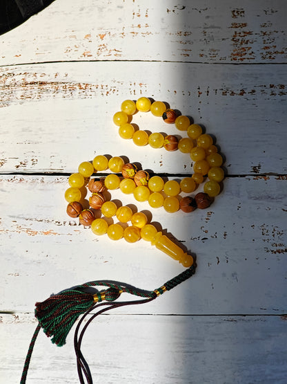 Natural Butterscotch Amber and Hand Carved and Hand Painted Peach Wood Tasbih 45 Beads