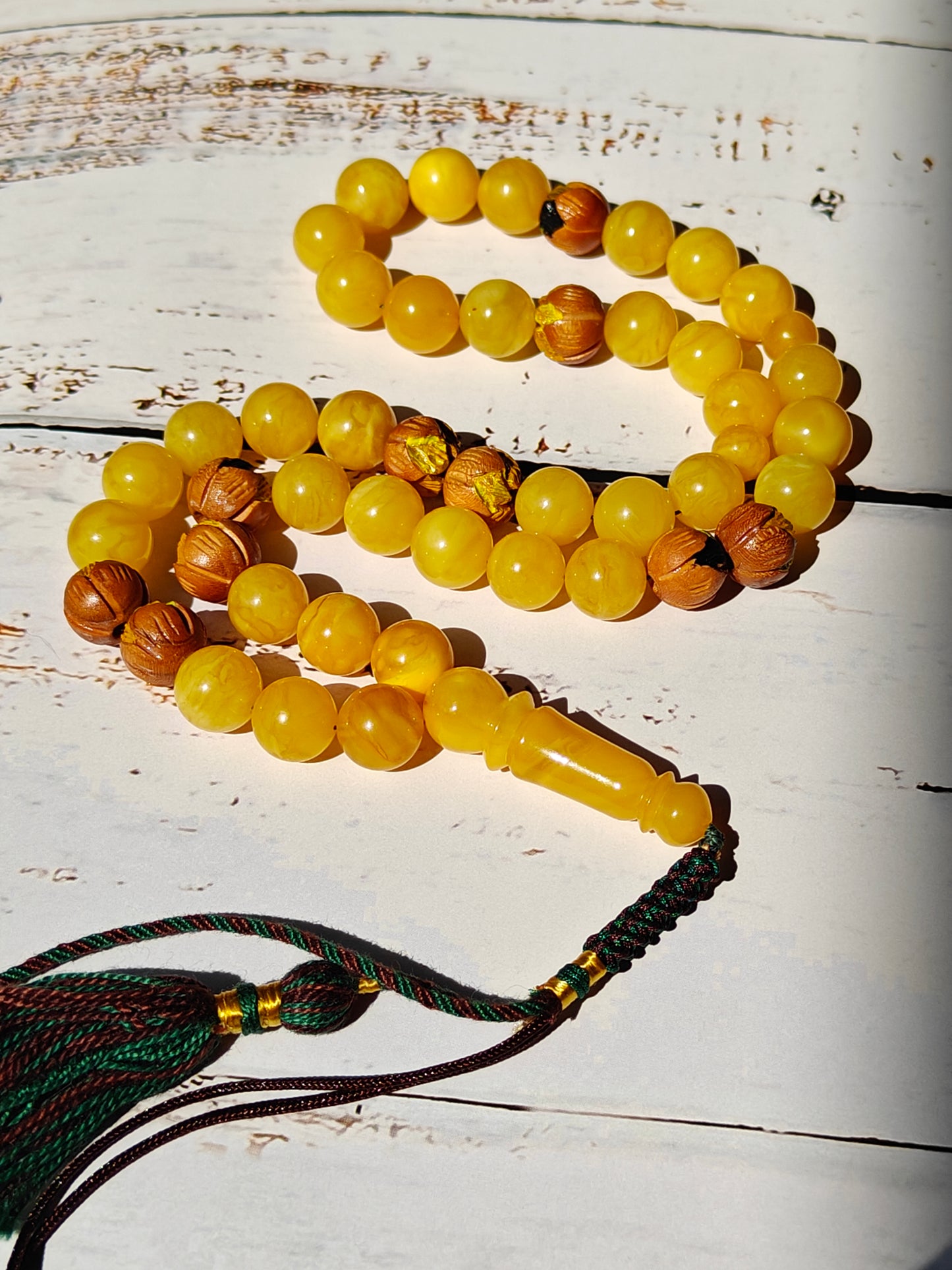Natural Butterscotch Amber and Hand Carved and Hand Painted Peach Wood Tasbih 45 Beads