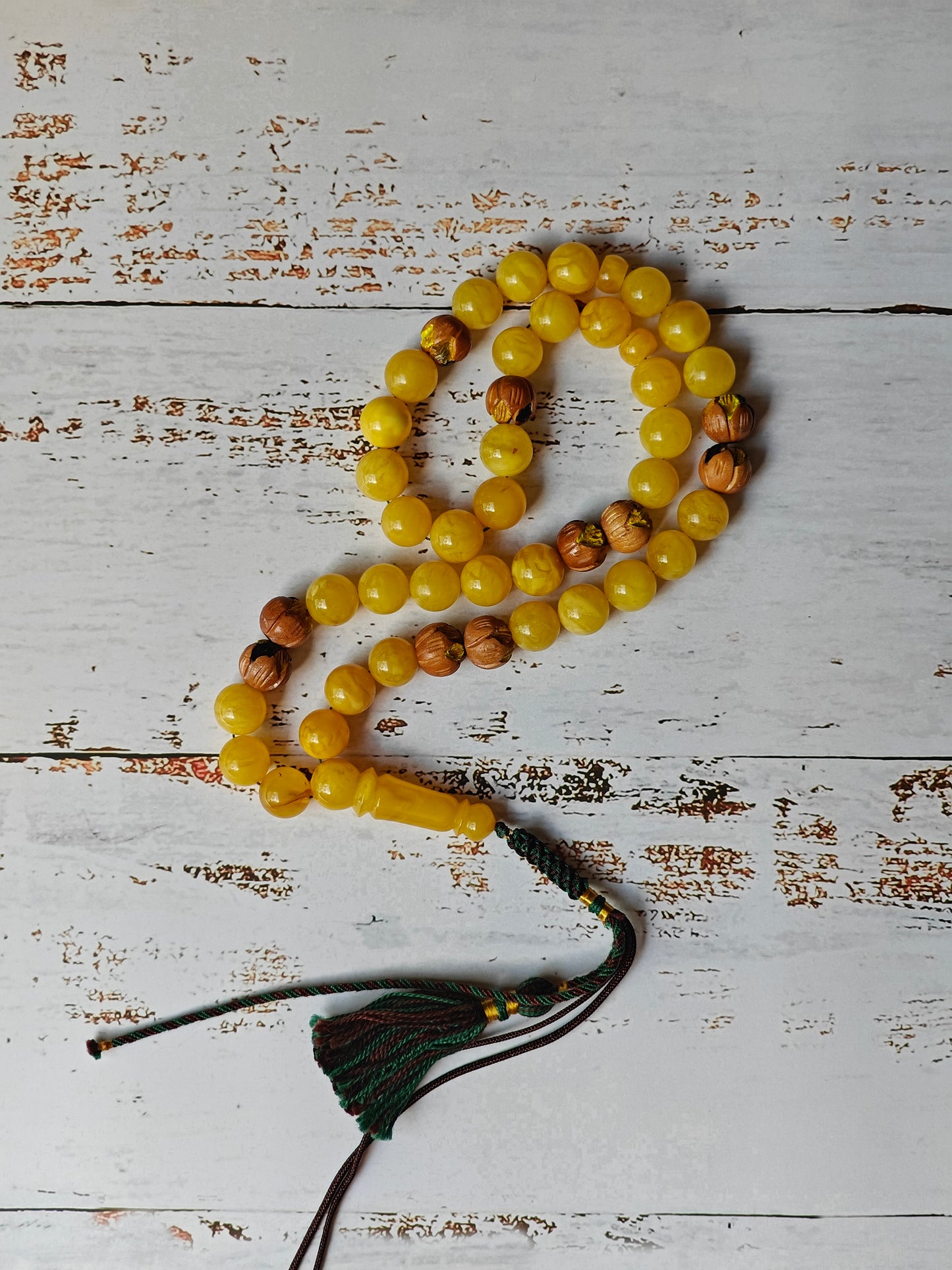 Natural Butterscotch Amber and Hand Carved and Hand Painted Peach Wood Tasbih 45 Beads