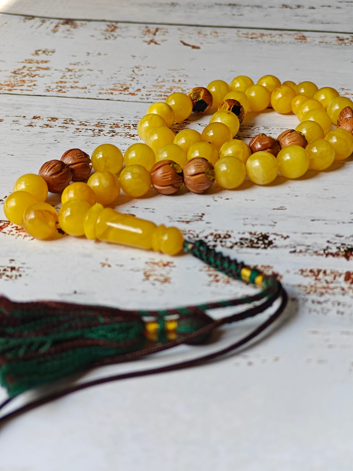 Natural Butterscotch Amber and Hand Carved and Hand Painted Peach Wood Tasbih 45 Beads