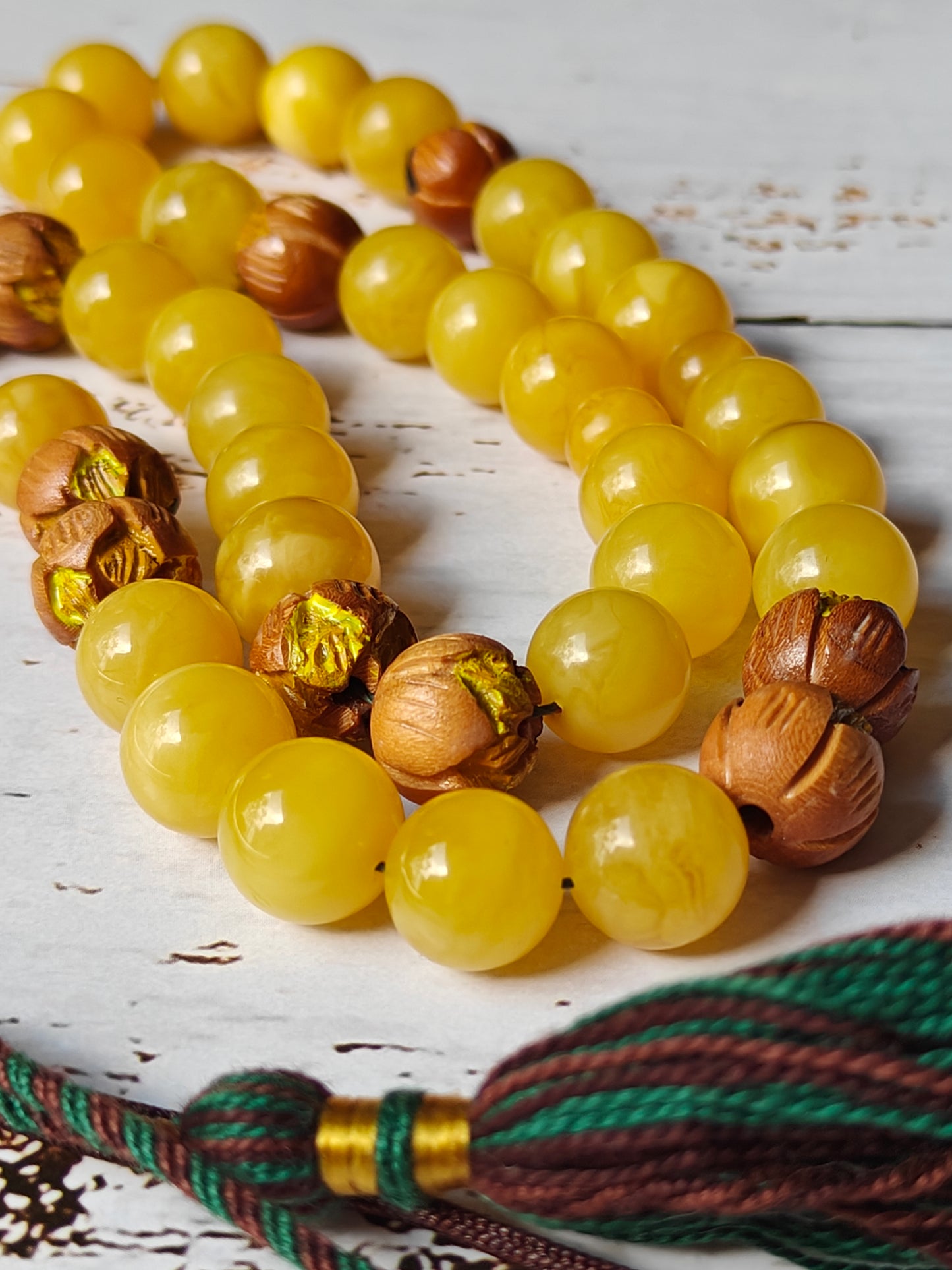 Natural Butterscotch Amber and Hand Carved and Hand Painted Peach Wood Tasbih 45 Beads