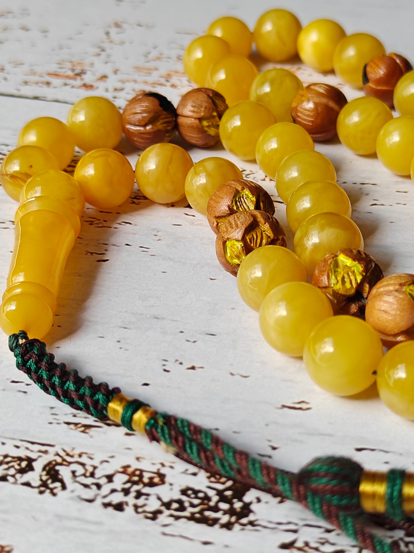 Natural Butterscotch Amber and Hand Carved and Hand Painted Peach Wood Tasbih 45 Beads